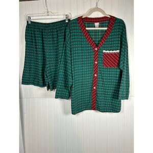 VTG Cacique Lingerie women’s 2 piece Plaid Pajama shorts Christmas 100% cotton L